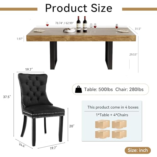Image of Brown Dining Room Table Set for 4, 5-Piece 63 inch-78.74 inch Extendable Dining Table Set with 4 Upholstered Chairs, Rectangle Wooden Expanding Kitchen Table and Black Chairs Set