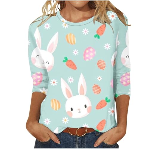 Vhersily Neues Jahr 2025 Sweatshirt mit Rundhalsausschnitt für Damen mit 3/4-Ärmeln, elegantes 3D, Osterhase bedruckt, Oster-T-Shirt, Frühlingskostüm, Basic Top für, grün, XXL