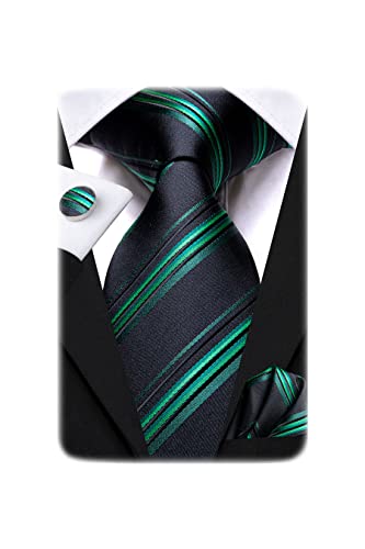 Image of Hi-Tie Mens Plaid Ties Classic Paisley Necktie with Handkerchief Cufflinks Set Business Stripe Tie