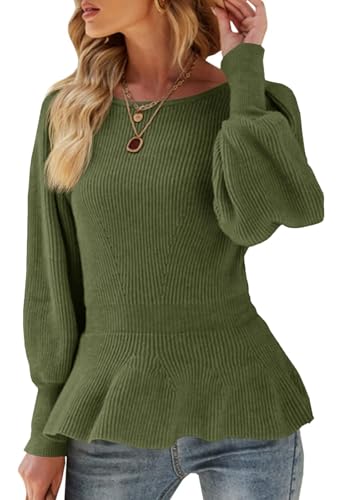 Image of Womens Fall Puff Sleeve Peplum Casual Slim Fit Knit Pullover Sweater Jumper Tops