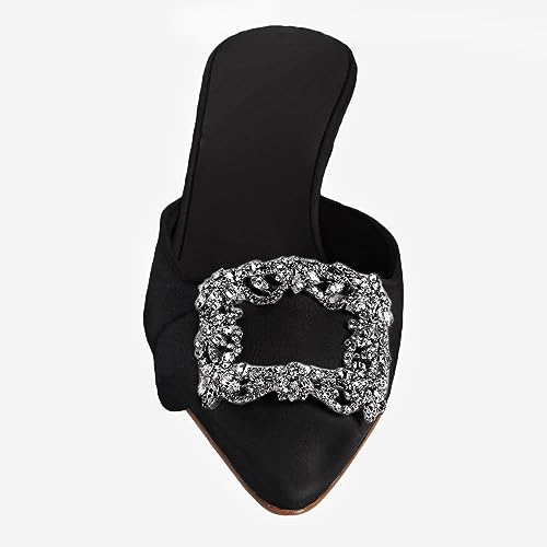 Guayonng Womens Kitten Mules Sandals Dress Shoes Heels Low Heel Rhinestone Sexy Satin Evening Party Wedding Pumps Black #TOP5