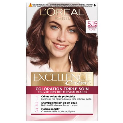 L'Oréal Paris - Crema Excellence – Kit de tinte permanente para el cabello con triple cuidado – 100% cobertura para cabello blanco – Tono 5,15 marrón hielo