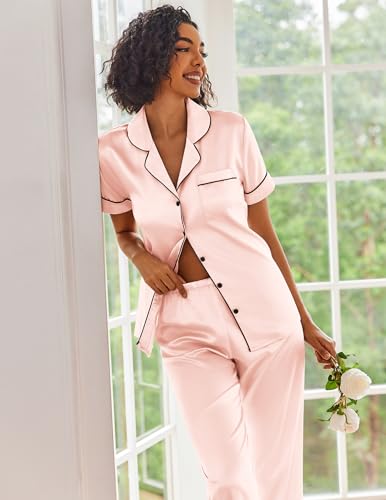 Ekouaer Silk Satin Pajamas Set Women Short Sleeve Sleepwear Soft Button Down Loungewear Pjs Set Veiled Rose Large - Thumbnail 3