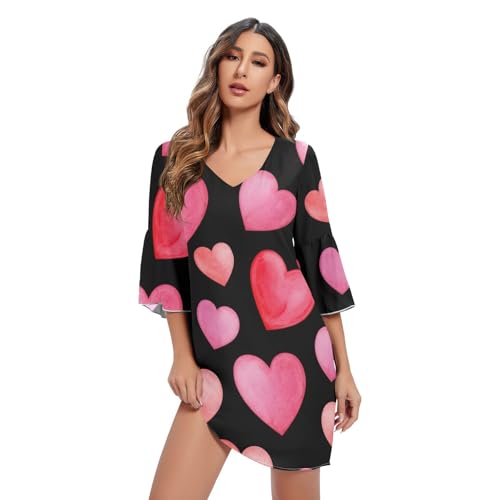 Robe hawaïenne en mousseline de soie manches 3/4 rouge noire femme chic