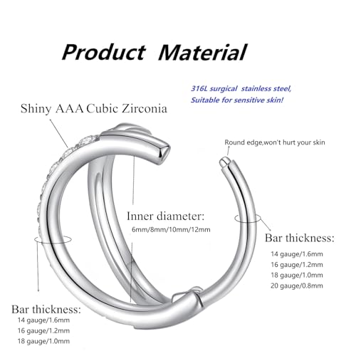 Nose Rings Hoops - 316L Surgical Steel Double Hoop Nose Rings 14G/16G/18G/20G Hinged CZ Conch Piercing Jewelry Septum Lip Rings Cartilage Earring Helix Rook Tragus Daith 6mm/8mm/10mm/12mm4