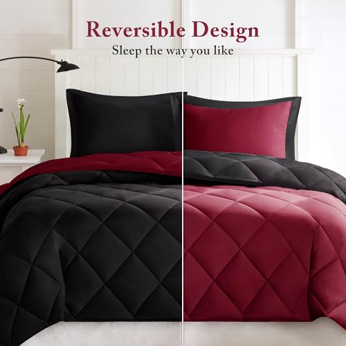 Image of Madison Park Comforter Set, Reversible Down Alternative All Season Microfiber Bedding, 3M Scotchgard Stain Release, King /Cal King Dorm Comforter, Red /Black