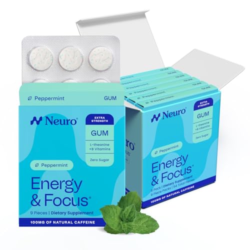 Neuro Energy & Focus Gum Extra Strength - 100mg Natural Caffeine Gum & Nootropic Energy Supplement with L-Theanine & B Vitamins - Sugar Free Vegan - Peppermint 54ct