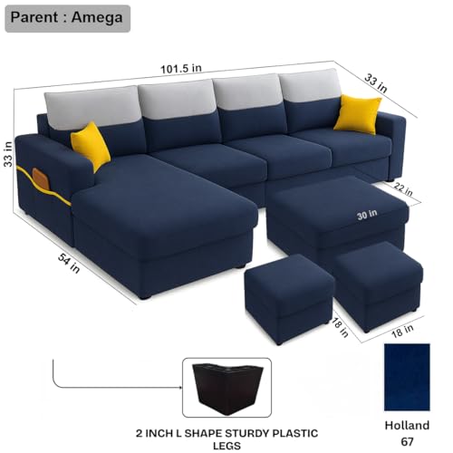 Image of Furny Tokiaa 8 Seater Fabric LHS L Shape Sofa Set with 1 Centre Table & 2 Puffy (Blue) | Soft Velvet Fabric | Modern Design | Comfortable Seating | Living Room Furniture
