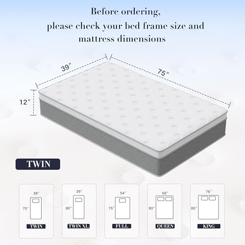Image of Twin Size Mattress - 12 Inch Memory Foam Mattress in a Box for Pressure Relief & Motion Isolation with Individual Pocket Spring, Medium Firm, CertiPUR-US Certified, Fiberglass Free