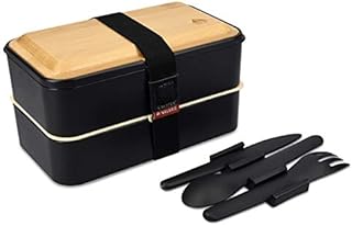 Navaris Bento Box - Leakproof 2 Tier Bento Lunch Box with 3 Piece Cutlery and Bamboo Lid for On-the-Go, Meal Prep, Snack Packing - Black