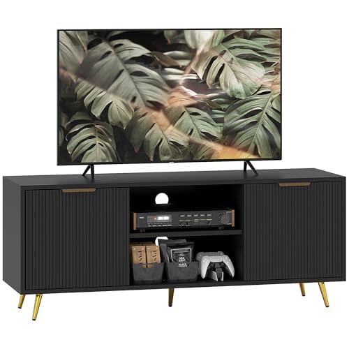 HOMCOM Modern TV Stand Cabinet for TVs up to 55, TV Unit with 2 Open Shelves and 2 Cabinets, Entertainment Centre with Cable Management for Living Room, Black