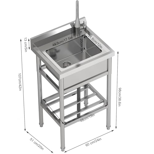 Garvee 24" Utility Sink, Free Standing Stainless Steel Sink with Hot/Cold Water Plumbing,Faucet & Storage Shelf, Single Bowl Commercial Restaurant Sink for Prep Food & Washing Hand, Indoor Outdoor by Garvee - Image 2