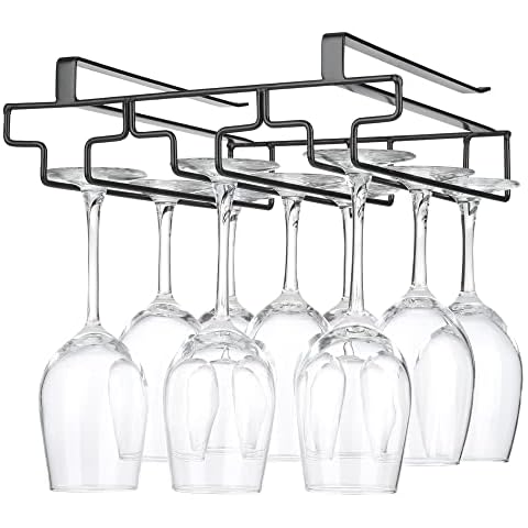 Wine Glass Rack Under Cabinet Drilling Free No Screw Steamware Holder Under Shelf Metal Wine Glasses Holders 304 Stainless Steel Hanger Storage Organizer Hanging Glass Fit for Bar Kitchen 3 Rows Black Cover