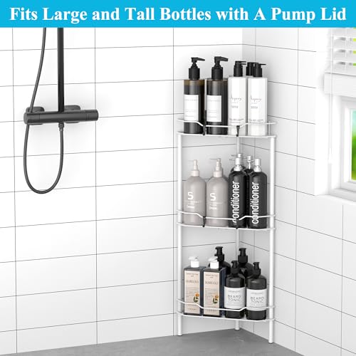 Image of HuggieGems 3 Tier Floor Standing Corner Shower Caddy Organizer Shelf with Hooks, Bathroom Shelves Stand Rack, White