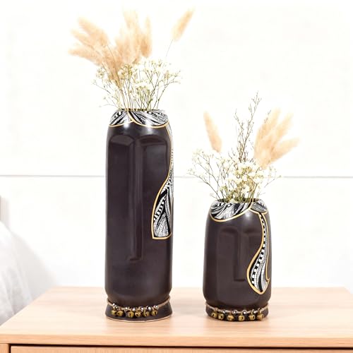 Image of Aakriti Art Creations Serenity Ceramic Decorative Vases Set of 2 | Handmade Brown Matte Finish Modern Art Flower Vases for Living Room, Room Decor, Showpieces for Home Decor Living Rooms