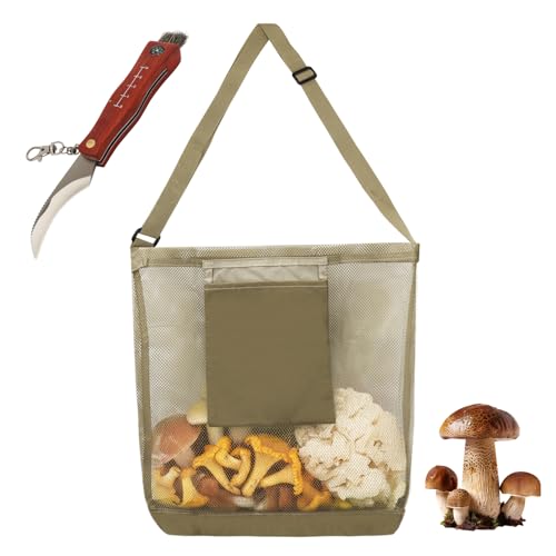 Pilz Sammeltasche und Pilzmesser mit Bürste Netz-Erntetasche 40x35cm mit Außentasche & Schultergurt Schwammerlmesser Set für Pilze sammeln Wandern Camping Outdoor