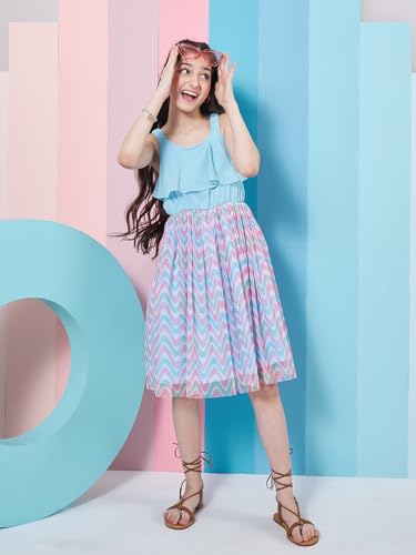 Image of Pspeaches Girl's Geometric Printed Georgette Fit & Flare Blue Dress Trendy Style