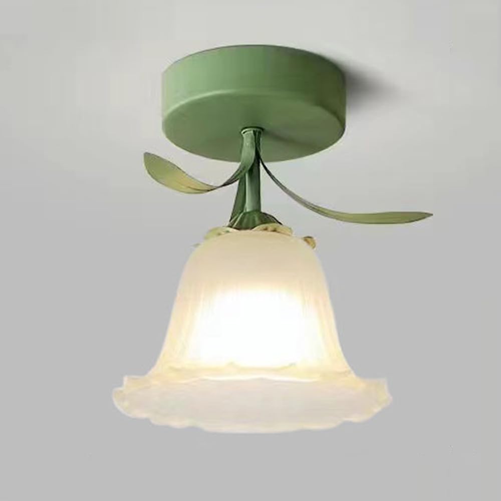 Mengjay Floral Glass Ceiling Light,Flush Ceiling Light Fixture,Green Metal Base with Frosted Glass Shade,Flush Mount Close to Ceiling Lighting Fixture Modern Glass Ceiling Lamp (B)