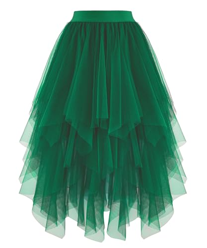 Dressever Womens Tulle Skirt A-Line High Elastic Waist Midi Skirt Irregular Layered Mesh Tutu Skirts Dark Green XX-Large