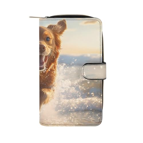 Dog Running on The Beach Stylish Leather Wallet Womens Mens Slim Purse Secure Card Holder Durable Bifold Clutch Handbag