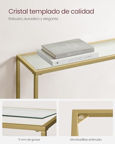 VASAGLE Mesa de Consola, Mesa de Entrada, Extremo del Sofá, Tablero de Vidrio Templado, Marco de Metal, Patas Ajustables, para Salón, Entrada, Pasillo, Dorado Pálido y Transparente LGT132A01 - imagen 5