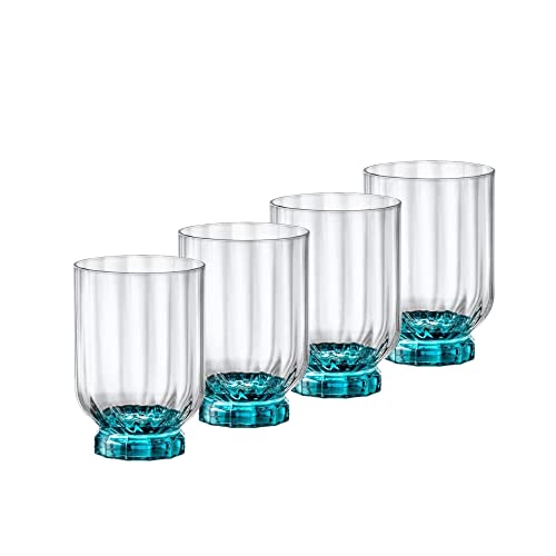 Bormioli Rocco Florian Set Of 4 Double Old Fashioned Whisky Glasses, 12.75 Oz. Lucent Blue Base, Italian Made Colored Glassware, Dishwasher Safe. #TOP10