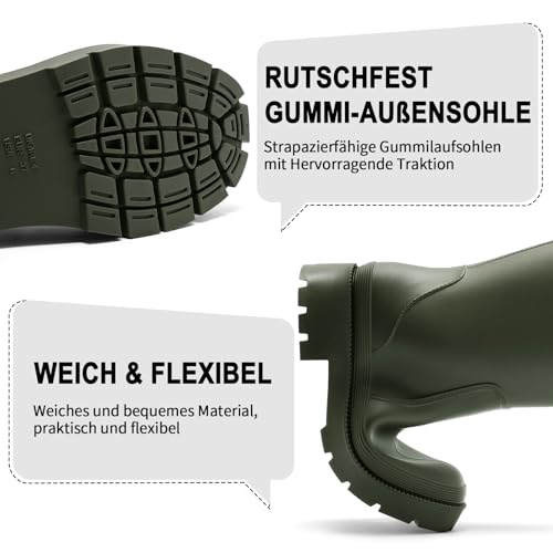 Yenxapei Gummistiefel Damen Lange Stiefel, Original Wasserdicht Hohe Rutschfeste, Sicherheitsstiefel Gummischuhe Bequeme Gartenschuhe Für den Innen- und Außenbereich,Grün,39.5EU