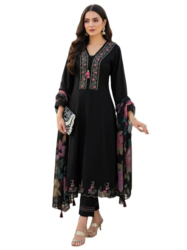 Image of INDO ERA Women's Silk Blend Embroidered A-Line Kurta & Pant with Dupatta Set