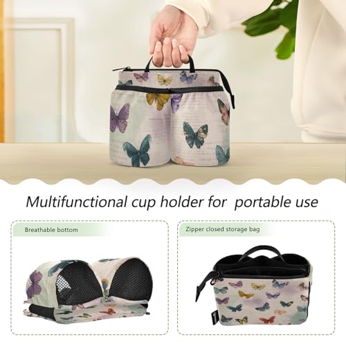 Image of Luggage Cup Holder for Suitcases Free Hands Suitcase Cup Holder Travel Luggage Drink Holder Portable Luggage Cup Caddy Bag Carrier with Handle Vintage Beige Butterflies