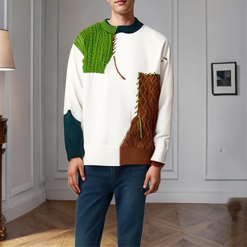 Men’S Korean Style Patchwork Pullovers Knit Sweater Round Neck Long Sleeve Slip-On Computer Knitted Jumper Tops4