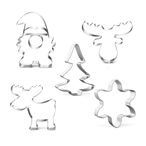 Large Christmas Cookie Cutters,5 Pieces Stainless Steel Metal Christmas Cookie Cutters Shapes Instruction Elk Head, Elk, Snowflake,Santa Face and Snowflake for Baking