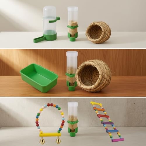 SiaBiced Vogelkäfig Zubehör Set für Wellensittiche- Wassertränke, Futterspender & Spielzeug für Vögel, Originalholz- Schaukel klein-4