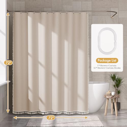 Image of AmazerBath Boho Shower Curtain with Tassels, Beige Shower Curtains for Bathroom, Farmhouse Shower Curtain with Hooks, Faux Linen Rustic Shower Curtain Set, Water Repellent, 72x72 Inches