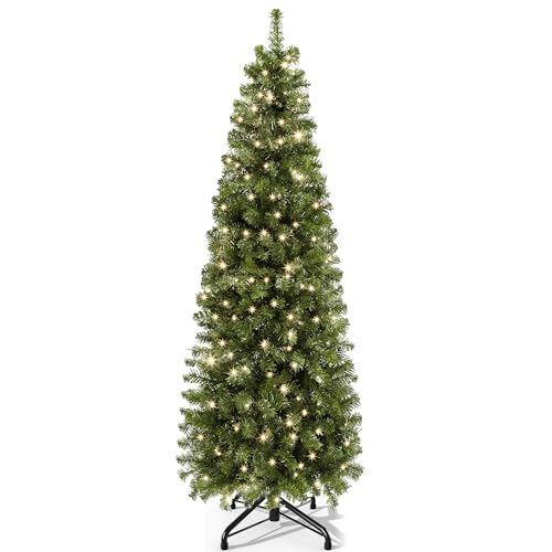 YITAHOME Árbol de Navidad Artificial Estrecho de 182cm con 200 Luces LED, Aprox. 700 Puntas, Abeto Realista con Sistema de Plegado y Soporte Metálico, Montaje Rápido, 182 x Φ65cm