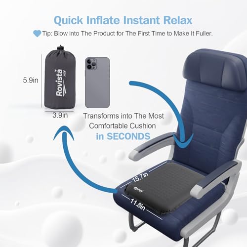 Rovista Self-Inflating Airplane Seat Cushion for Long Flights – Portable Travel Cushion Airplane Seat - Memory Foam Travel Seat Cushion Providing Pressure Relief and Premium Comfort (Grey)