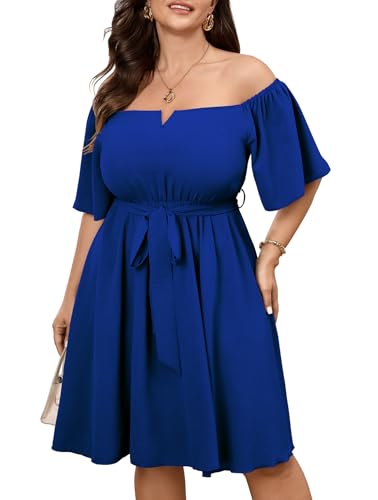 Image of SCOMCHIC Womens Plus Size Cocktail Dress Summer Off Shoulder Short Sleeve Flowy Ruffle A-Line Cute Mini Dress with Belt