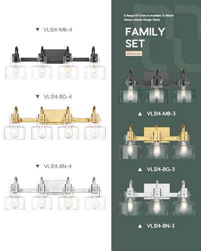 Image of Bathroom Light Fixtures, 4-Light Matte Black Vanity Lights with Clear Glass Shade, 28 Inch Vintage Vanity Lighting Fixtures Over Mirror, VL124-MB-4