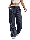 FUNSEED Pantalon d'affaires décontracté pour femme, rayures verticales, ourlet ample, jambe ample, fermeture éclair, pantalon avec poches, bleu marine, Taille XL