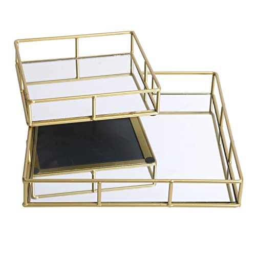 Fornord Mirror Tray Gold Decorative Mirrored Glass Metal Perfume Vanity Dresser Jewellery Cosmetics Organiser Candle Tealight Plate Display Drinks Tray, Set Of 2 (Square)