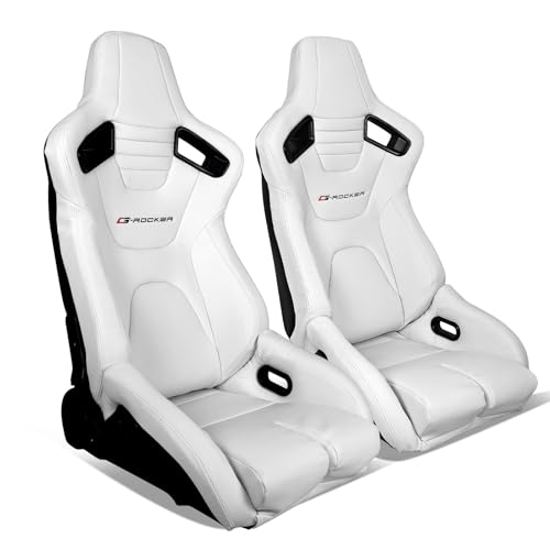 HYPER GLORY Universal Pairs of Racing Seat with Dual Sliders, PU Leather Front+Carbon Leather Back Reclinable Bucket Seat, White w/LOGO-Style 3