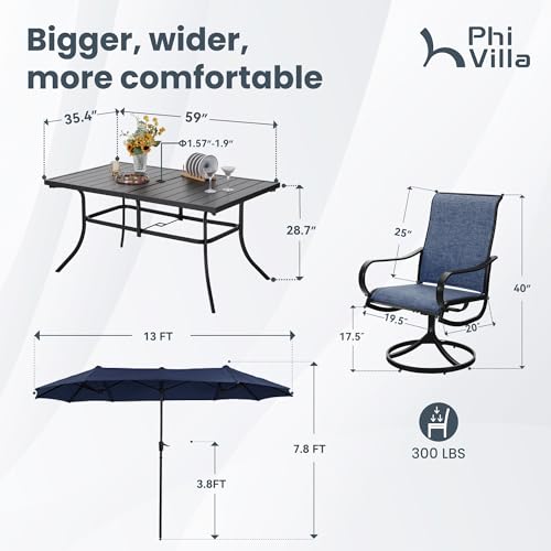 PHI VILLA 8 Piece Patio Dining Set with 13ft Patio Umbrella (Navy Blue), 6 Outdoor Swivel Dining Chairs & 1 Large Metal Dining Table with 1.57" Umbrella Hole, for Lawn Garden Backyard - Image 3