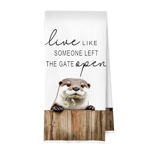 ERYBHKRTYH Otter Gifts Kitchen Towels - Live like Someone Left the Gate Open - Otter Gifts Waffle Decorative Dish Towels, Inspirational Farmhouse Hand Towel, Cottagecore Animal Tea Towel, 16x24 Inches