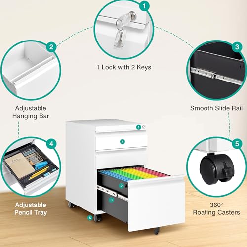 Image of Assembled 3 Drawer File Cabinet with Wheels,Under Desk File Cabinet with Lock,White Rolling Filing Cabinets, Metal Filing Cabinets for Home Office,Fit A4 /Letter /Legal,Pre-Assembled Except Caster