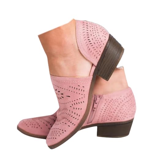 SACFOF Women's Ankle Boots Casual Cutout Booties Chunky Stacked Heel Perforated Side V Cut Western Shoes Slip-on Short Boots