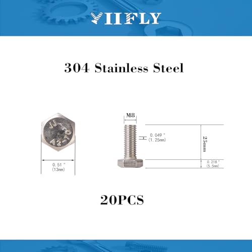 Image of M8x1.25 x 25mm Hex Head Screws Bolts, 304 Stainless Steel (A2-70), Bright Finish, Fully Threaded, Hexagon Head Bolts, Quantity 20