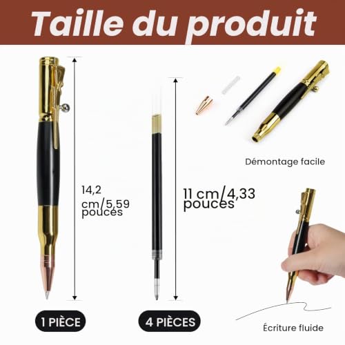 CJMUQHEHH 1 Bolt Action Stylo à Bille, Premium Stylo D'écriture de Bureau Rétractable avec 4 Recharge, Métal Stylo pour Signature Office School Business Pen pour Homme et Femme, Or, 0.7mm – vue 2