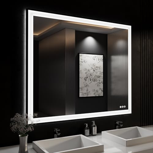 ISKM Framed LED Mirror for Bathroom 51"x40", Dimmable LED Bathroom Mirror with Lights, Anti-Fog, Front and Backlit Lighted Mirror 3-Colors, Shatterproof, Memory Function