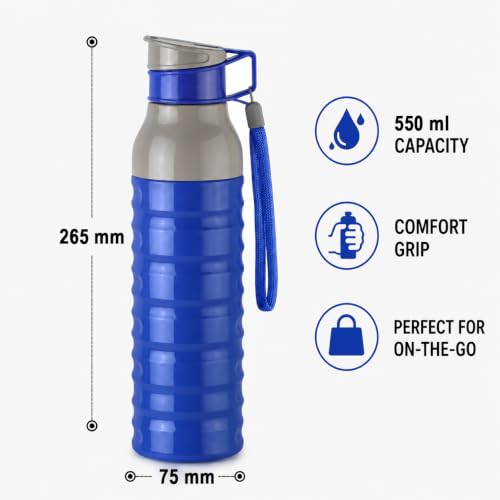 Image of CELLO Puro Steel-X Delta 600 PU Insulated Water Bottle for Office 550 ml Blue | Wide Mouth Easy to Carry with Strap Leak Proof Flip Top Lid Inner Steel Water Bottle for School Kids, College & Travel