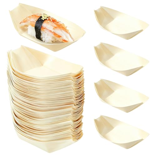 Homiladi 100 PCS Small Wooden Boats Plate Wooden Boat Dishes for Sushi Snacks | 3 Inch Pinewood Mini Boat Plates for Party Food | Finger Food Bowls & Sushi Serving Trays for Barbecuing, Salads