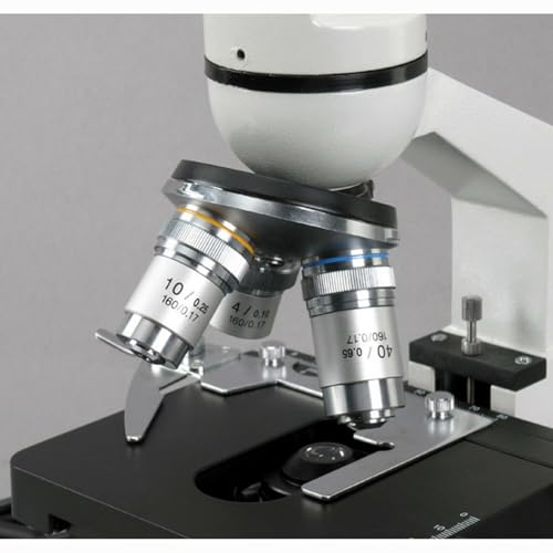 Image of AmScope M220A Monocular Compound Microscope, WF10x and WF16x Eyepieces, 40x-640x Magnification, Tungsten Illumination, Brightfield, 1.25 NA Abbe Condenser, Coaxial Coarse and Fine Focus, Mechanical Stage, 110V